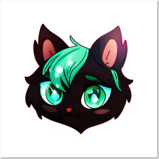 Black cat with green hair Posters and Art